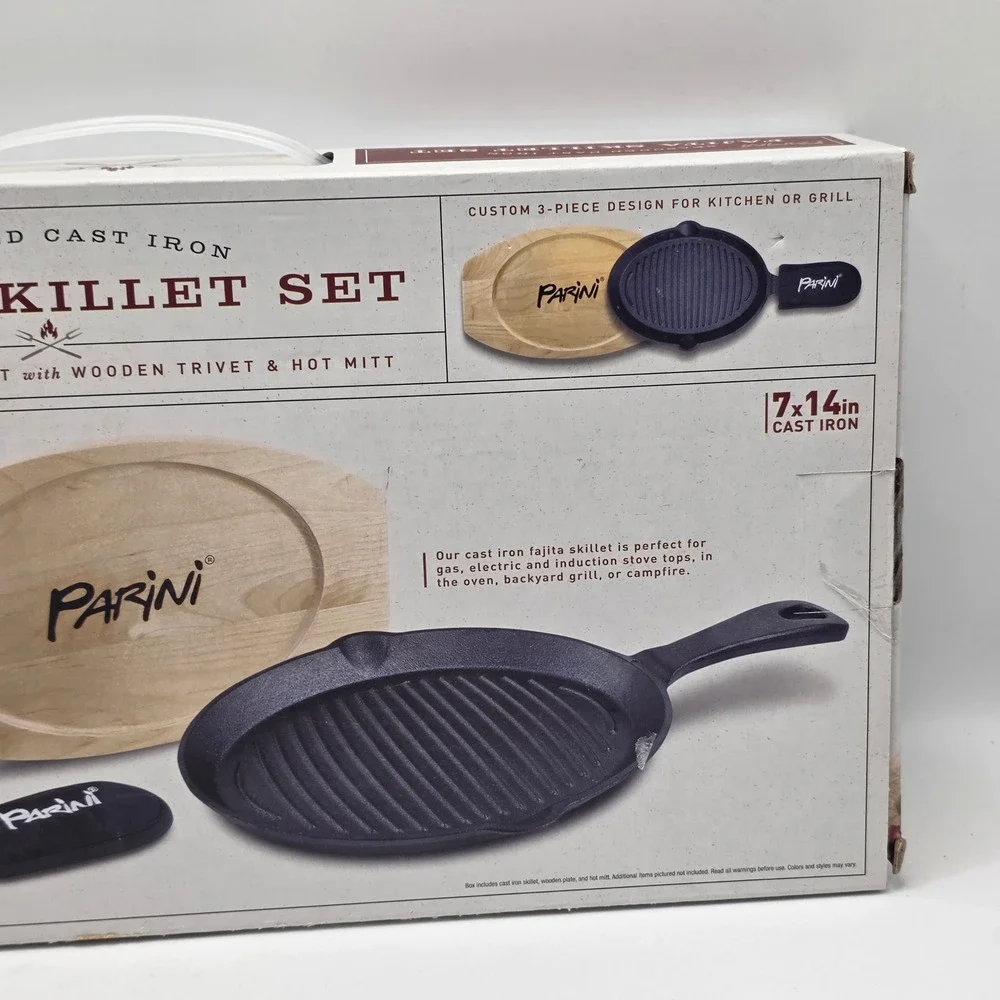Parini Fajita Skillet‎ Set Unisex Black Cast Iron 3pc Grilling Set New In Box
